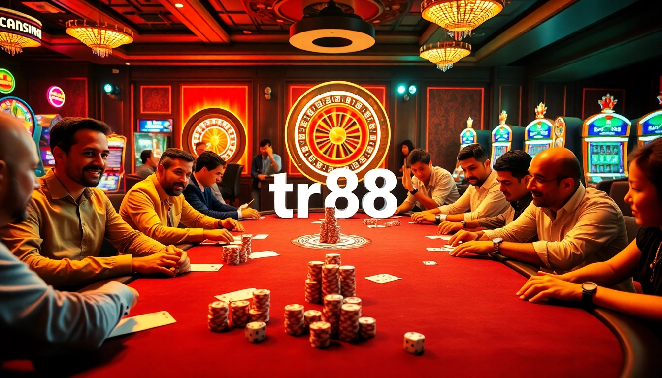 Experience thrilling gaming action at a poker table featuring tr88, vibrant chips, and lively players.