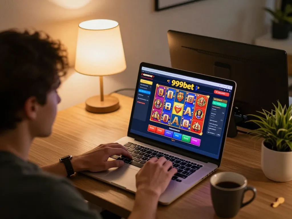 Player engaging with 999bet online casino on laptop in cozy home environment