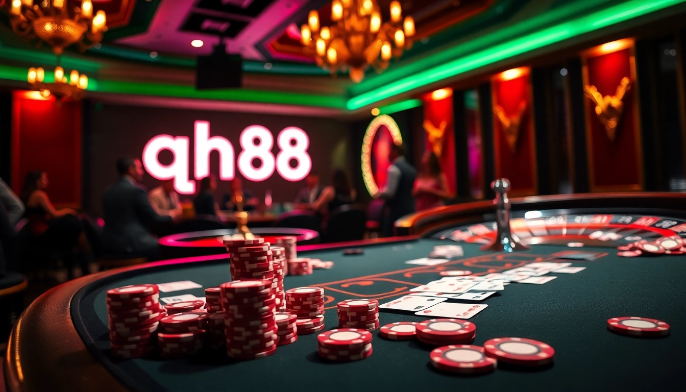 Experience high-stakes poker at qh88 with an elegant table and vibrant casino ambiance.