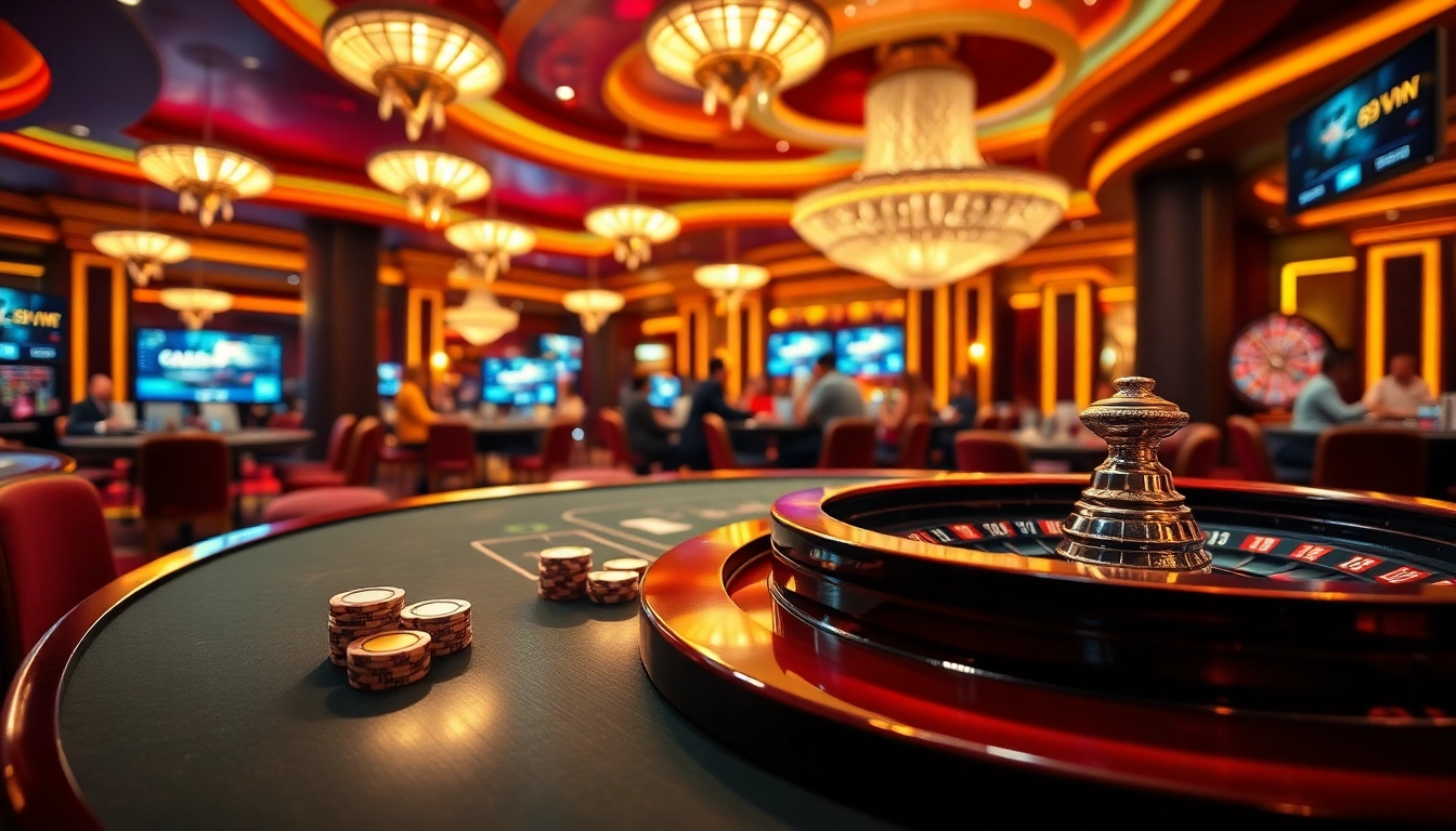 Players enjoying games at 69vn casino with vibrant ambience and dynamic gaming tables.