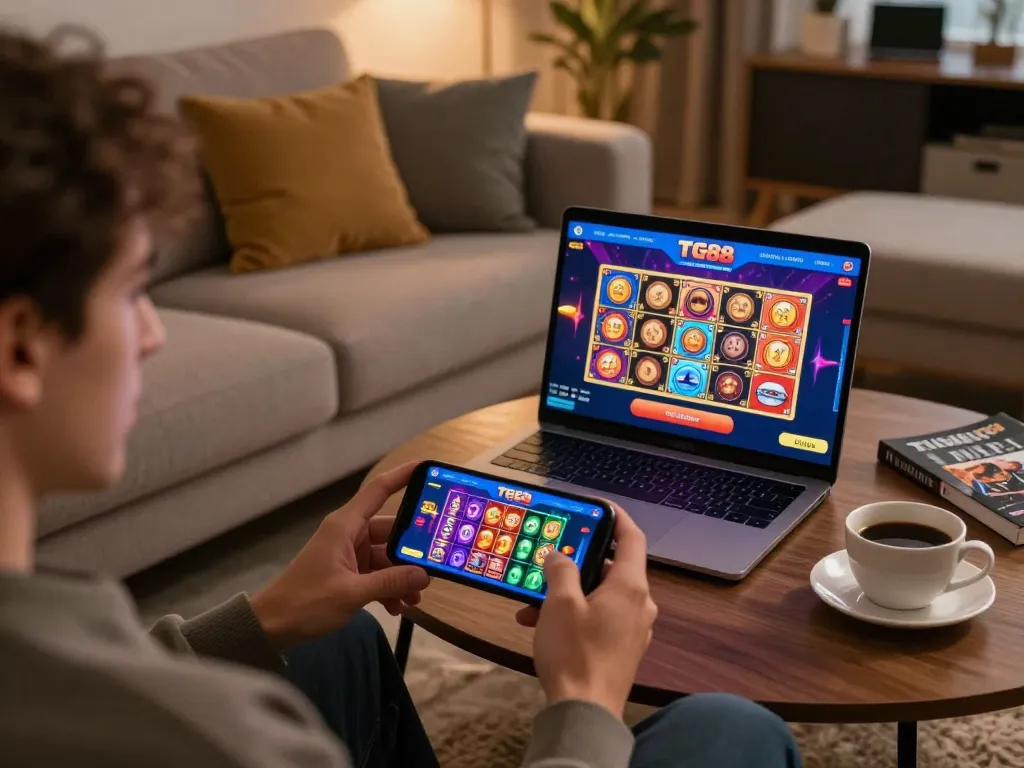 Player exploring the TG88 mobile app for thrilling casino games on a cozy sofa