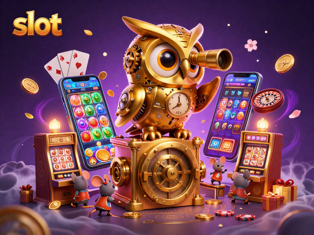 Spin the slot machines featuring a golden owl and mice patrons in this vibrant casino scene.