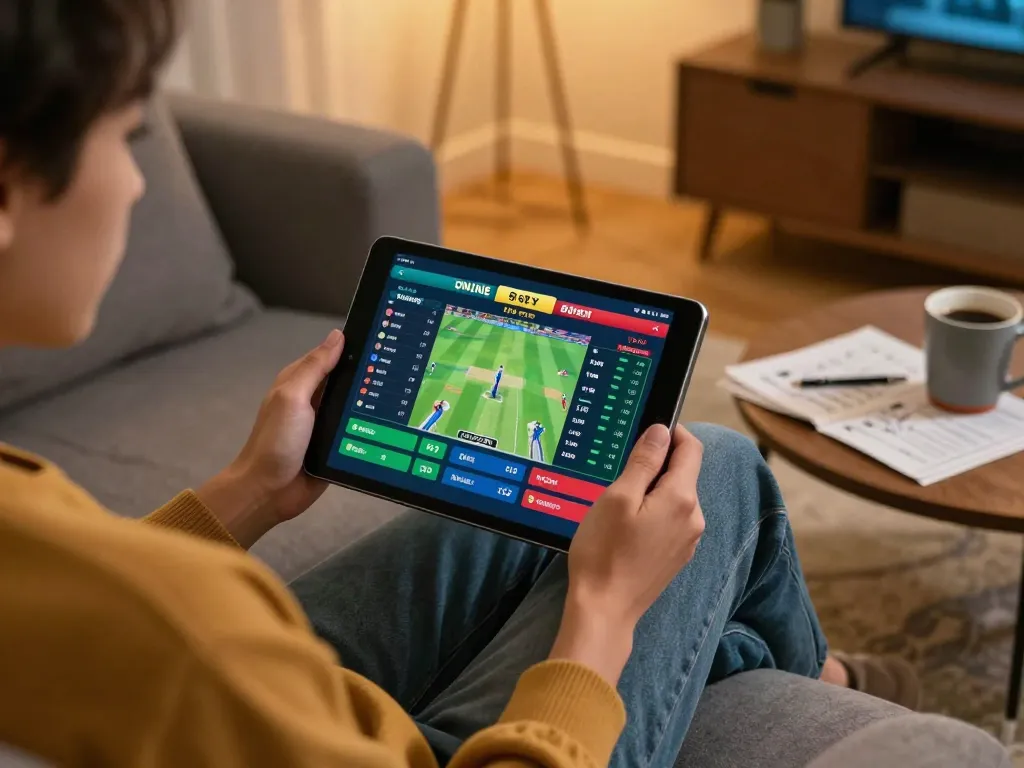 Winbd user engaging in live sports betting on tablet in a cozy home setting.