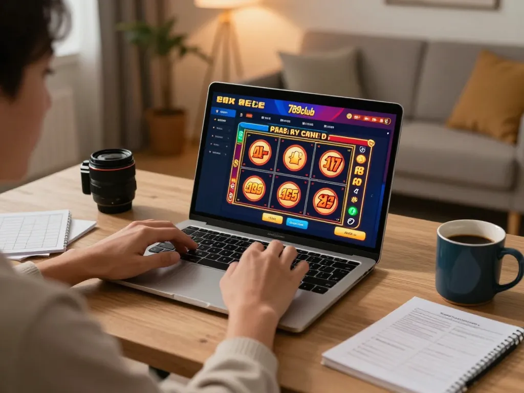 Player engaging with slot games on 789club’s online casino interface at home with cozy decor.