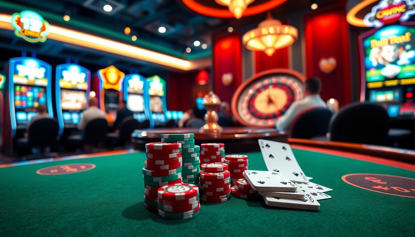 Feel the excitement of Okwin with vibrant casino visuals of gaming tables and lively players.