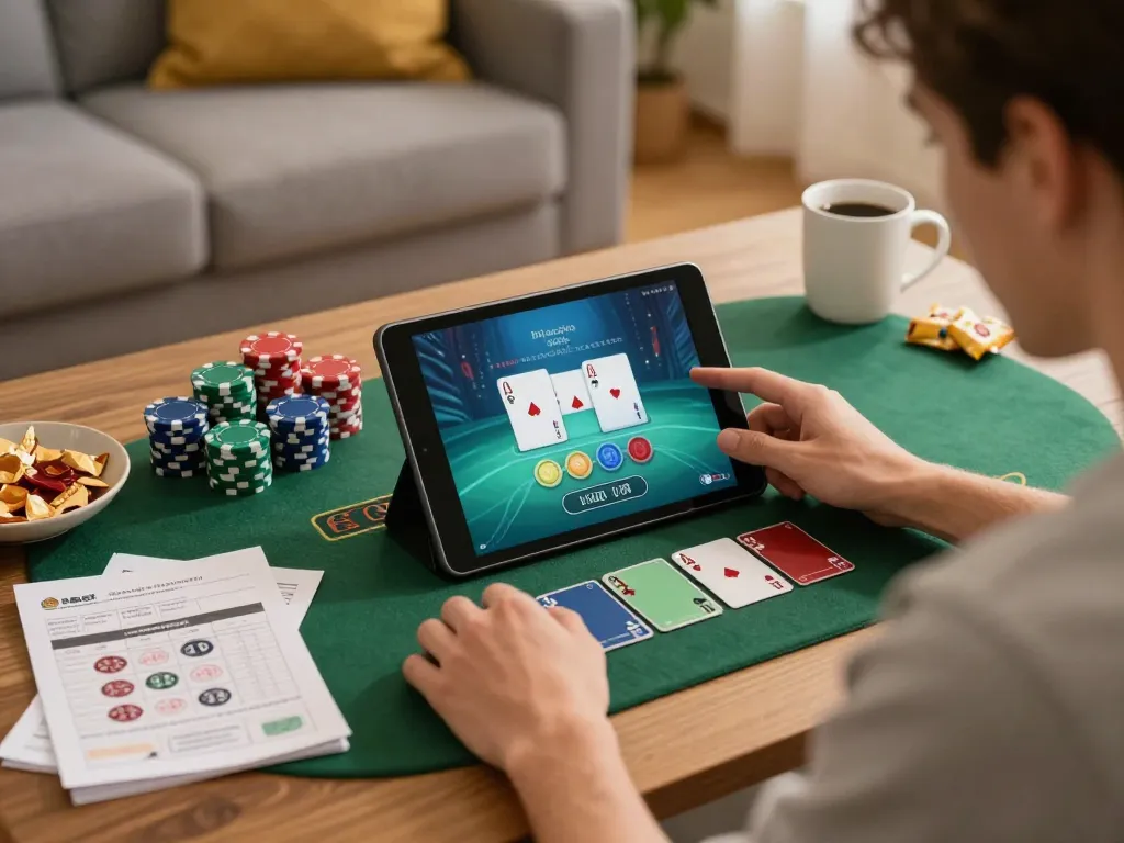 Player enjoying blackjack on man88 platform with strategy notes and poker chips.