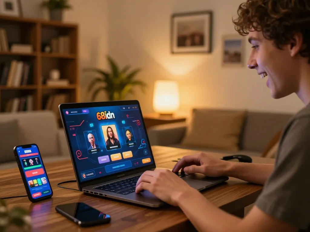 Berinteraksi dengan aplikasi kasino 68idn di laptop, menampilkan lingkungan permainan online yang cerah