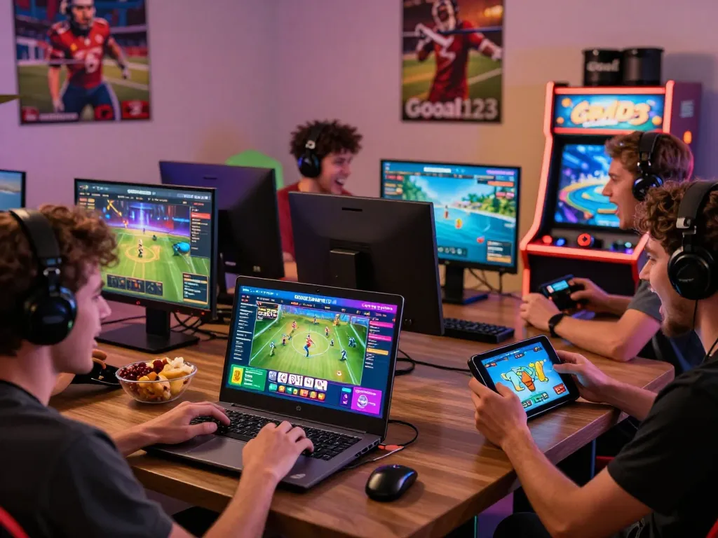 Goal123 online gaming scene with enthusiastic players engaged in sports betting and arcade games in a vibrant atmosphere.