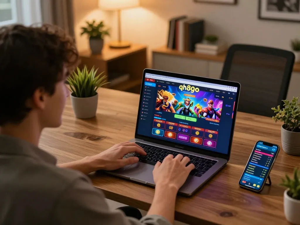 Engaged user placing bets on the qh88go online casino platform during a cozy home gaming session.