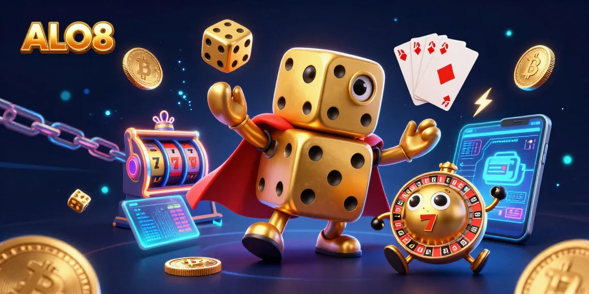 Experience thrilling gaming action with ALO8's dynamic 3D casino scene featuring golden dice and crypto elements.