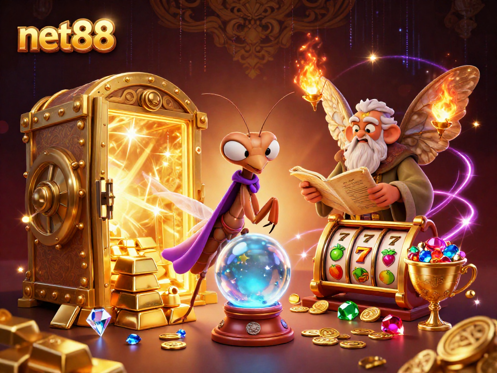 Engage with net88's vibrant casino scene featuring a fortune teller and numerous treasures.