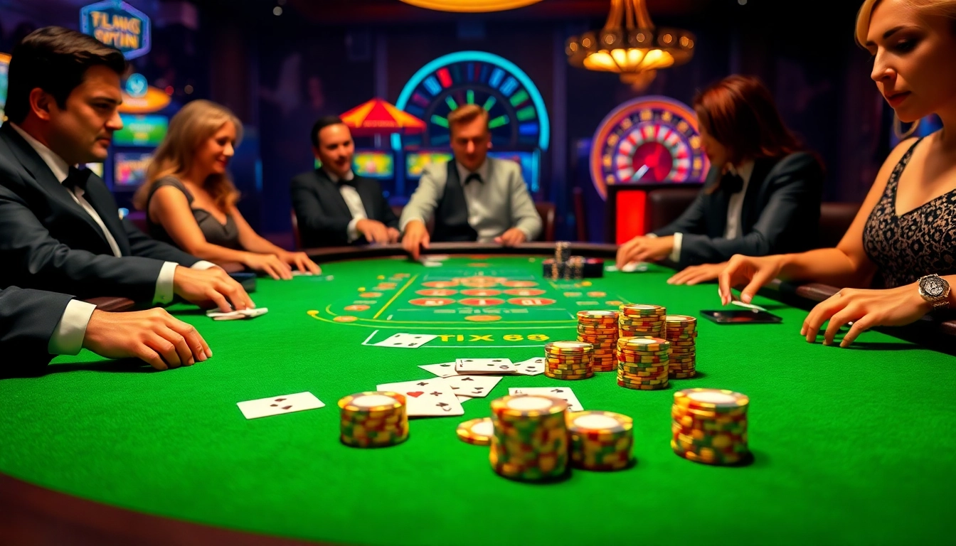 Exciting casino action featuring XX88 poker chips and cards in a vibrant casino setting.