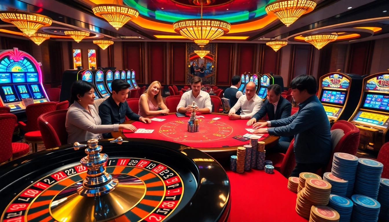Experience the excitement of 9 BET with vibrant poker tables and spinning roulette wheels in a luxurious casino.