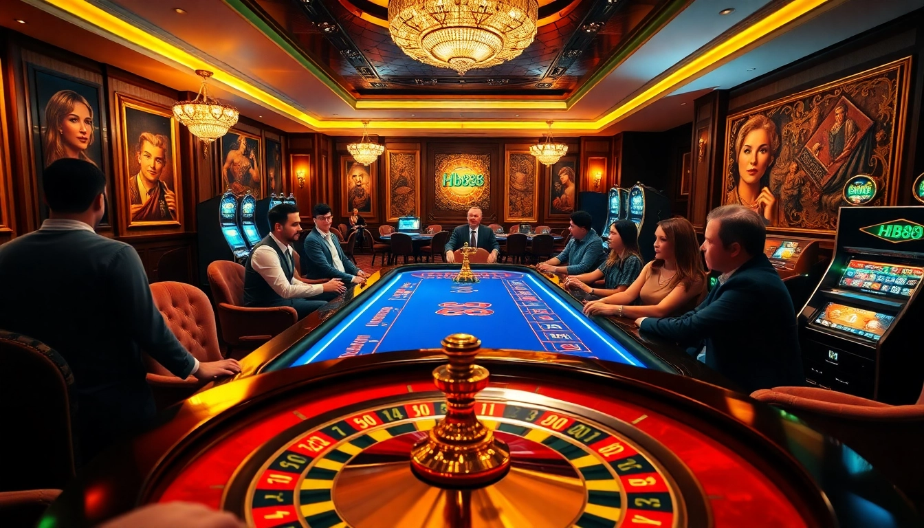 Players enjoying the excitement at the HB88 casino table with vibrant games and luxurious decor.