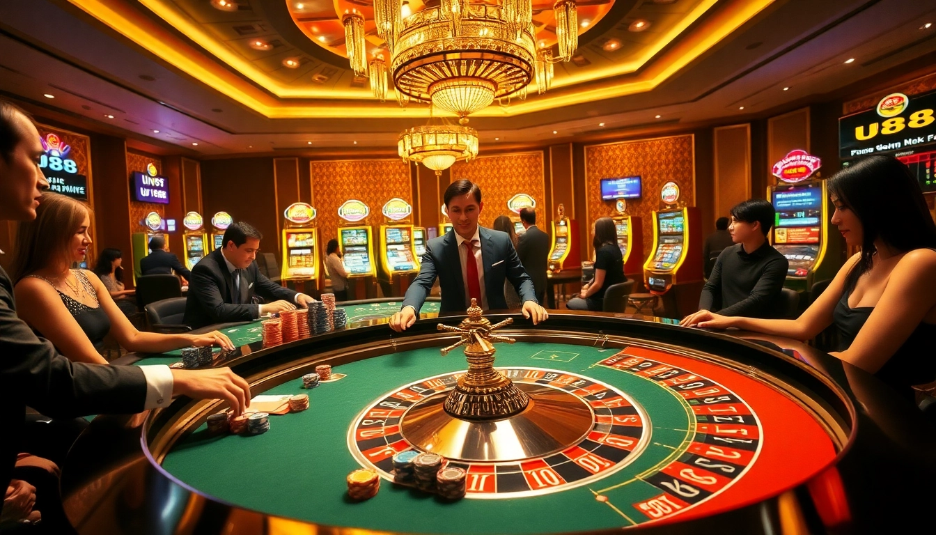 Excited players engaging in a roulette game at UU88 casino, showcasing vibrant poker chips.