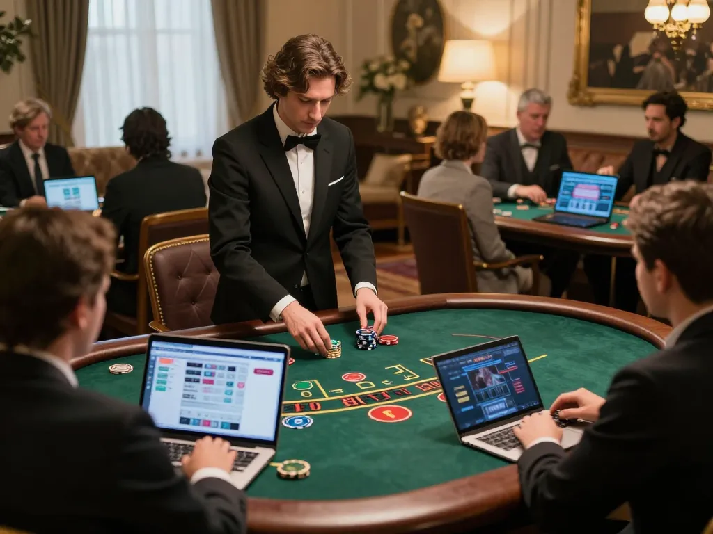 Engaging online casino scene with KP88 live dealer blackjack, players captivated by dealer interactions