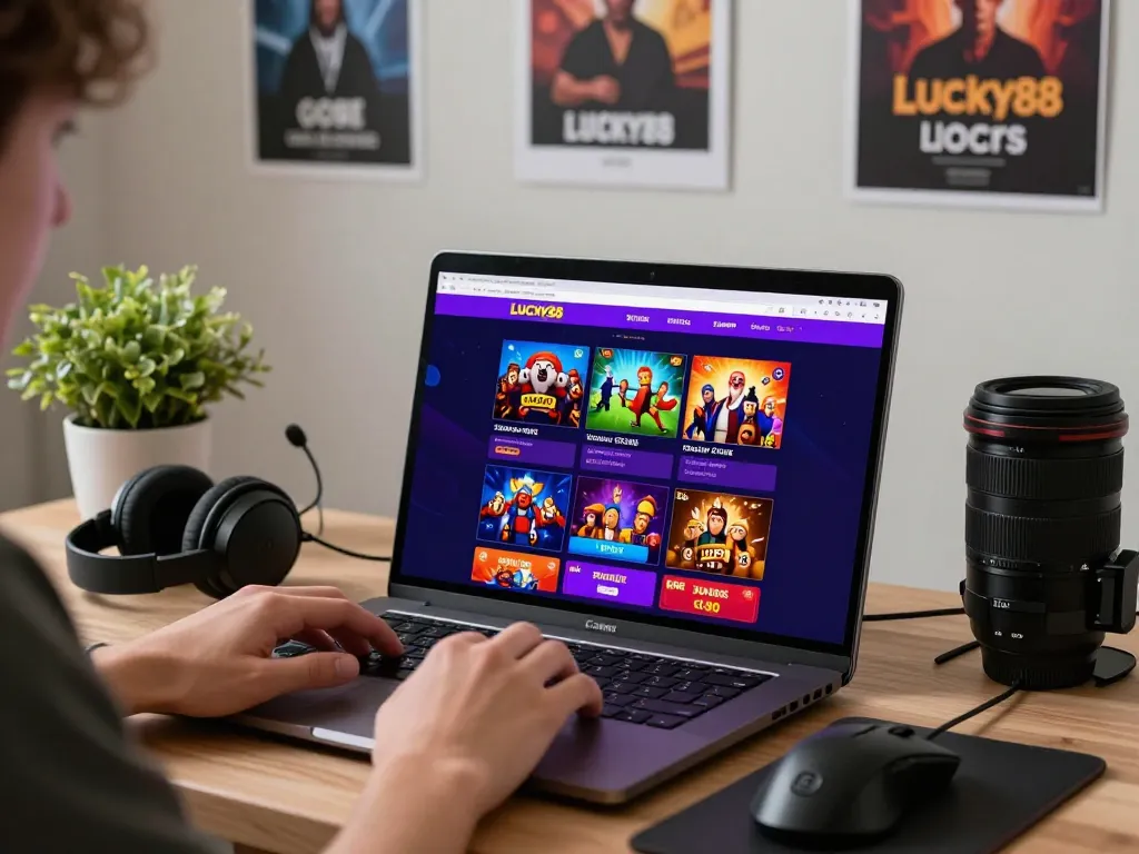 Experience the Lucky88 uy tín gaming portal in a modern home setup with vibrant graphics and accessories.