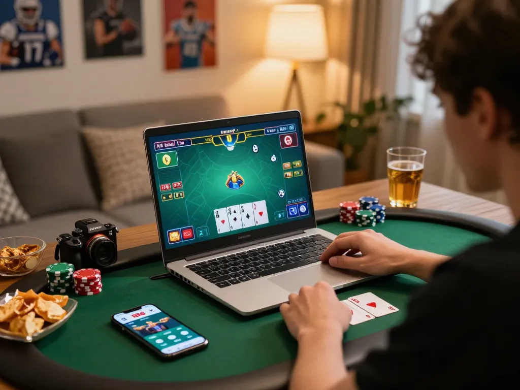 Player enjoying an online sc88 poker game on a laptop, immersive home gaming setup with snacks and drinks