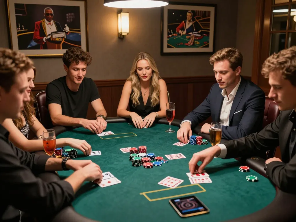 Five88 uy tín friends enjoying a lively poker game in a stylish casino setting.