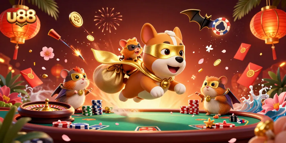 u88 showcases an energetic casino scene with a heroic dog and hamster, surrounded by poker elements.