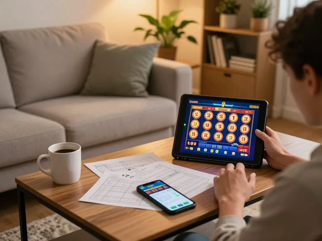 Engaging online gaming with lv88 app on tablet, cozy setup showcasing responsible gambling.