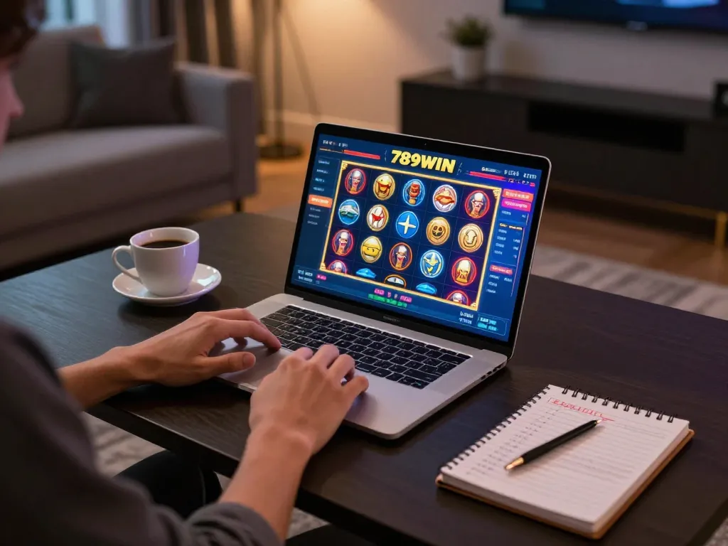 Engaged player spinning slot reels on 789WIN, showcasing a cozy home gaming environment.