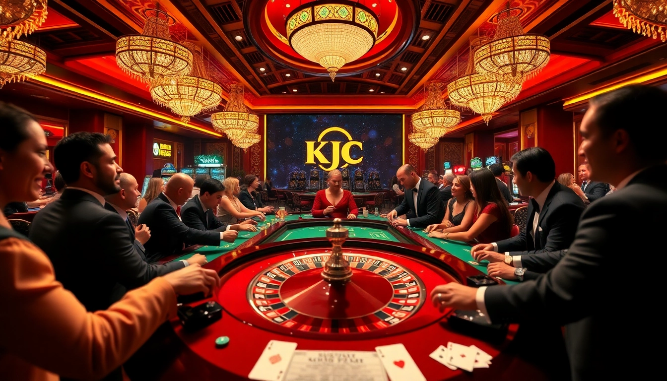 KJC's exciting casino experience featuring roulette wheel, poker tables, and vibrant atmosphere.