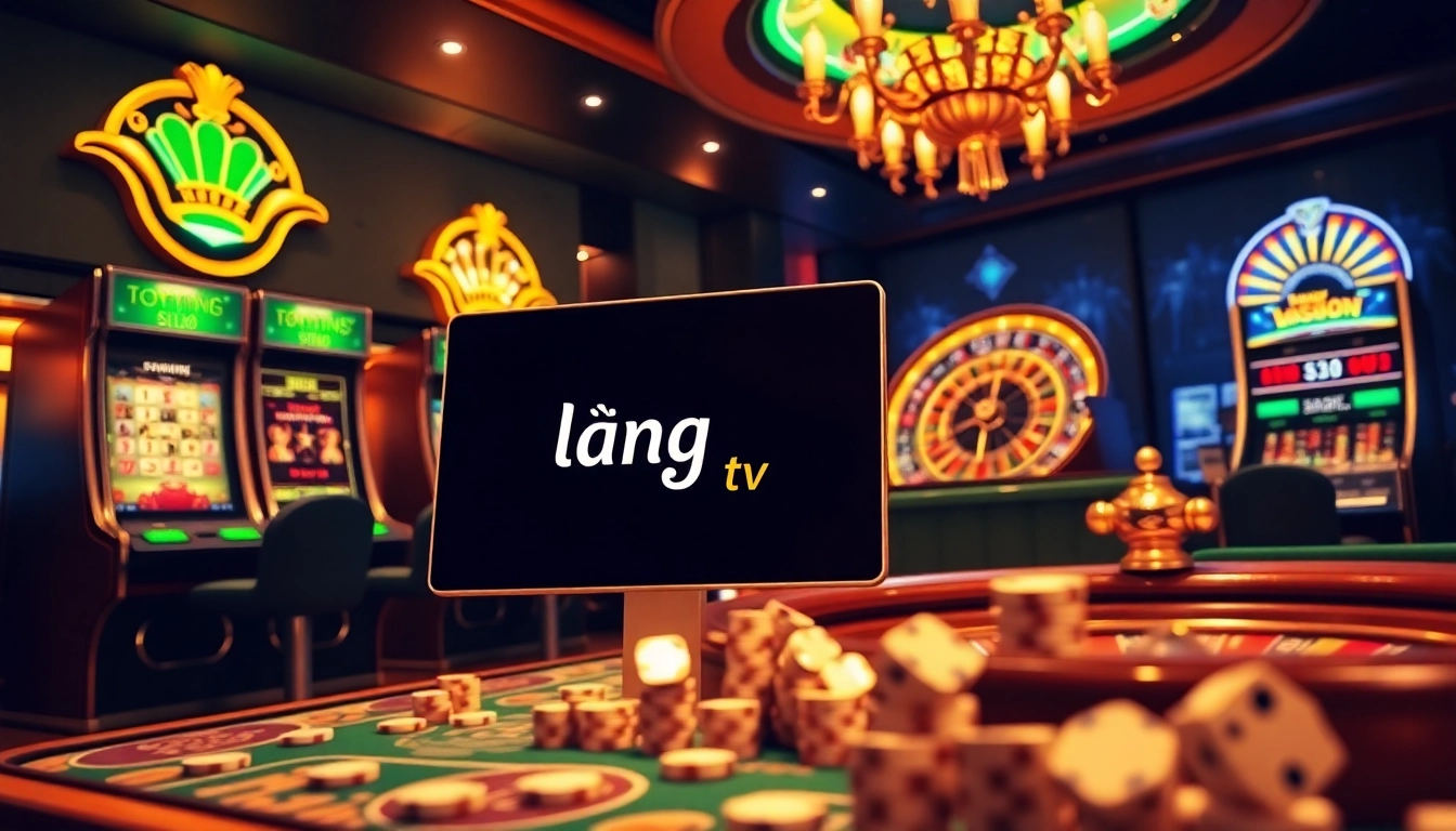 Lương Sơn TV showcases vibrant online gambling atmosphere with casino elements like poker chips and roulette.