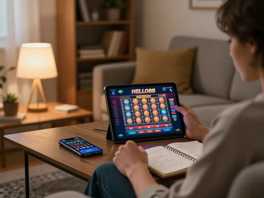 Engaging in mobile gaming on HELLO88 app with colorful slot visuals, highlighting strategic betting atmosphere.