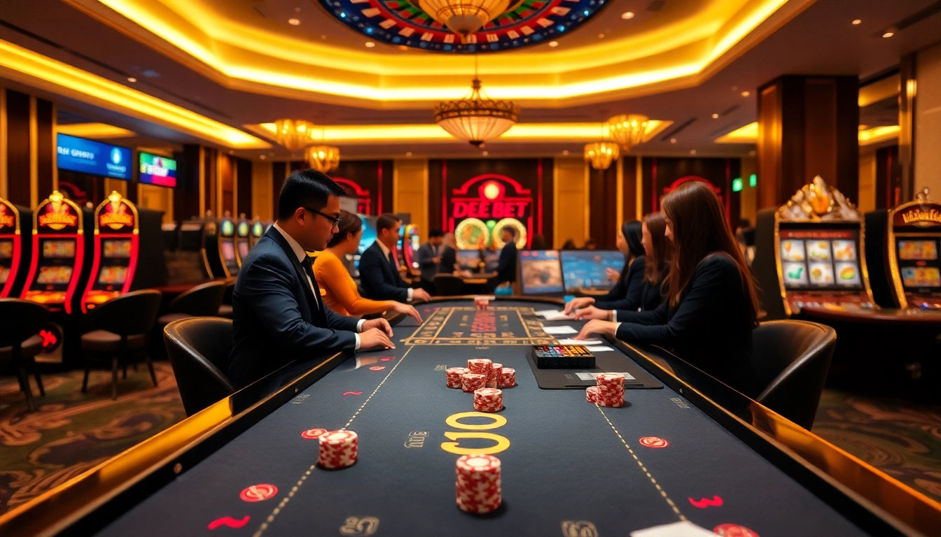 Cổng Game DEBET vibrant casino scene with engaging dealers and exciting gambling atmosphere.