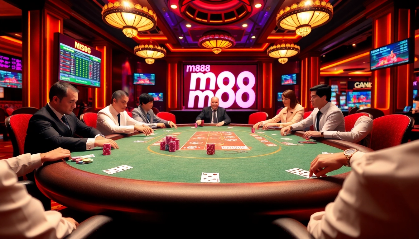 Experience high-stakes action at m88 casino with vibrant poker chips and professional players.