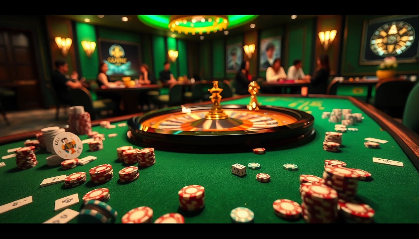 Experience excitement at the go88 gaming table with vibrant poker chips and dice.
