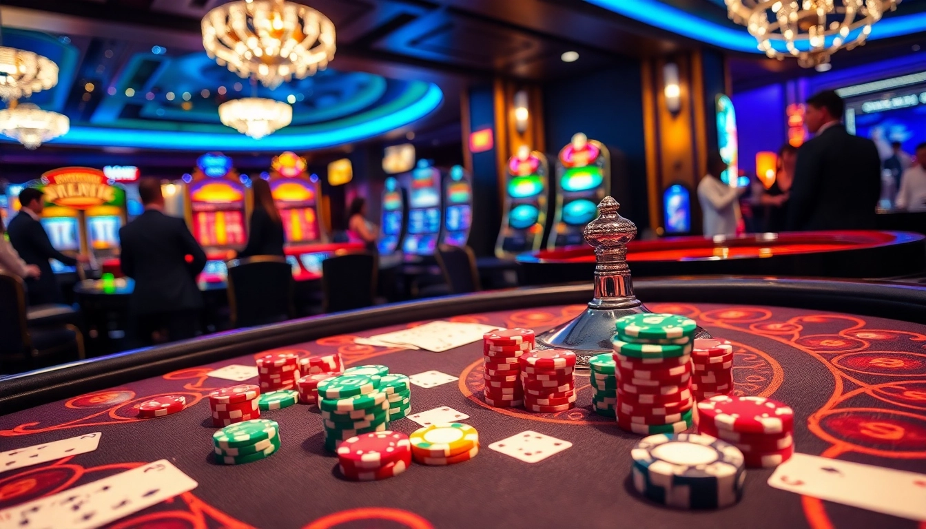Engaging casino scene showcasing iq88 with poker chips, cards, and a lively gaming table.