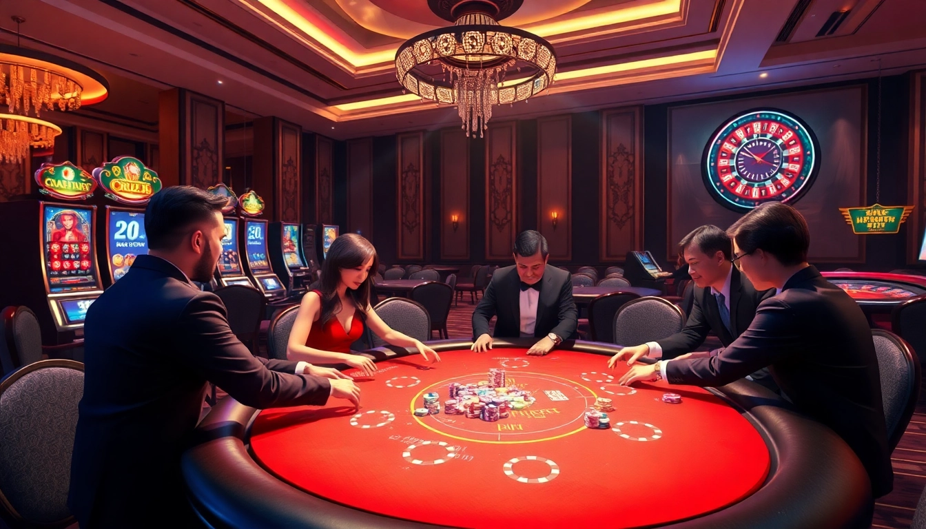 Experience the excitement of Game Bài Đổi Thưởng at an elegant casino with vibrant tables and thrilling gameplay.
