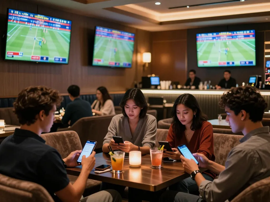 Guests engaging in ty le keo nha cai while placing bets in a sophisticated sports lounge.