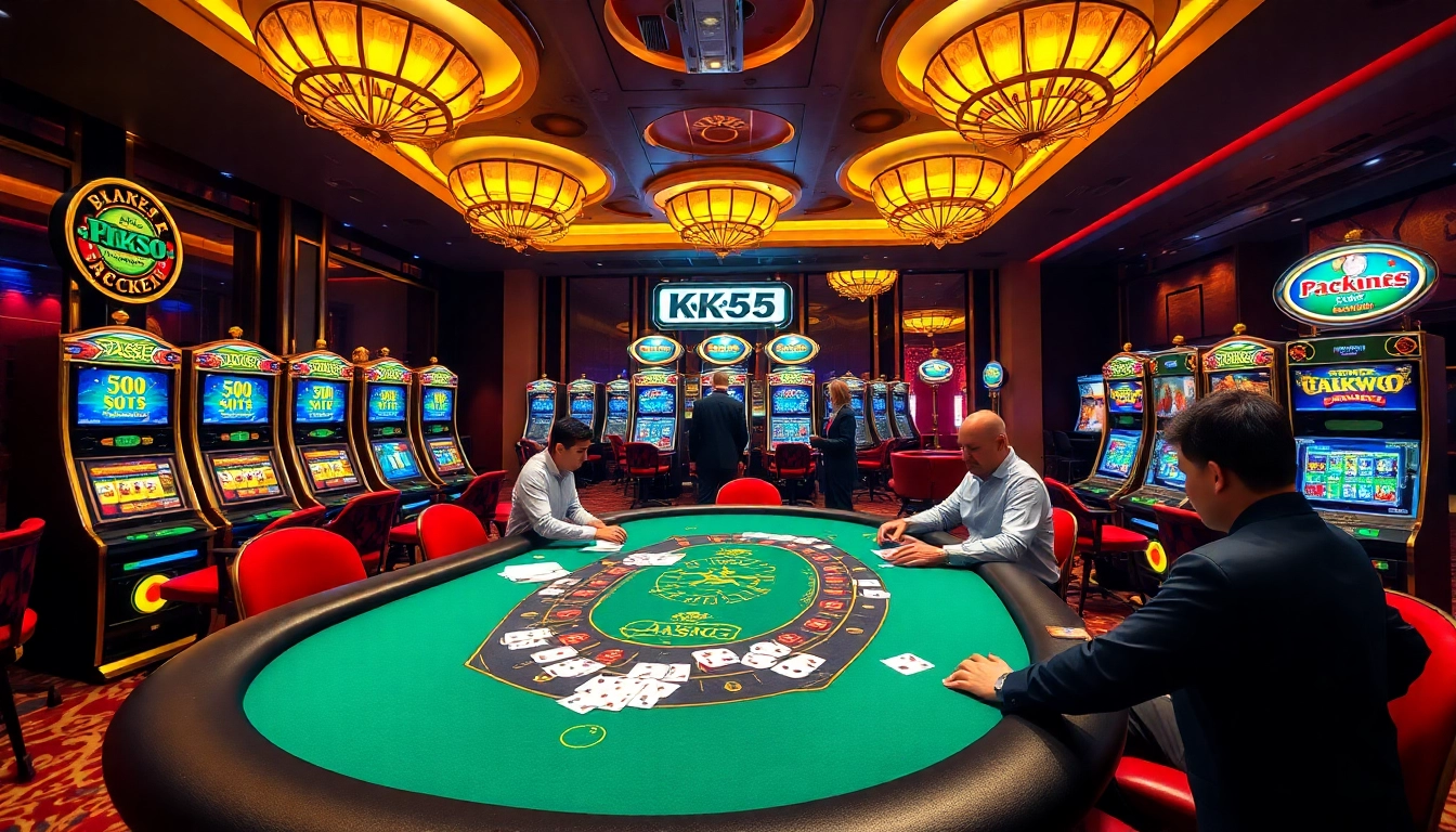 Players enjoying a thrilling blackjack game at the KK55 casino, surrounded by vibrant slot machines.