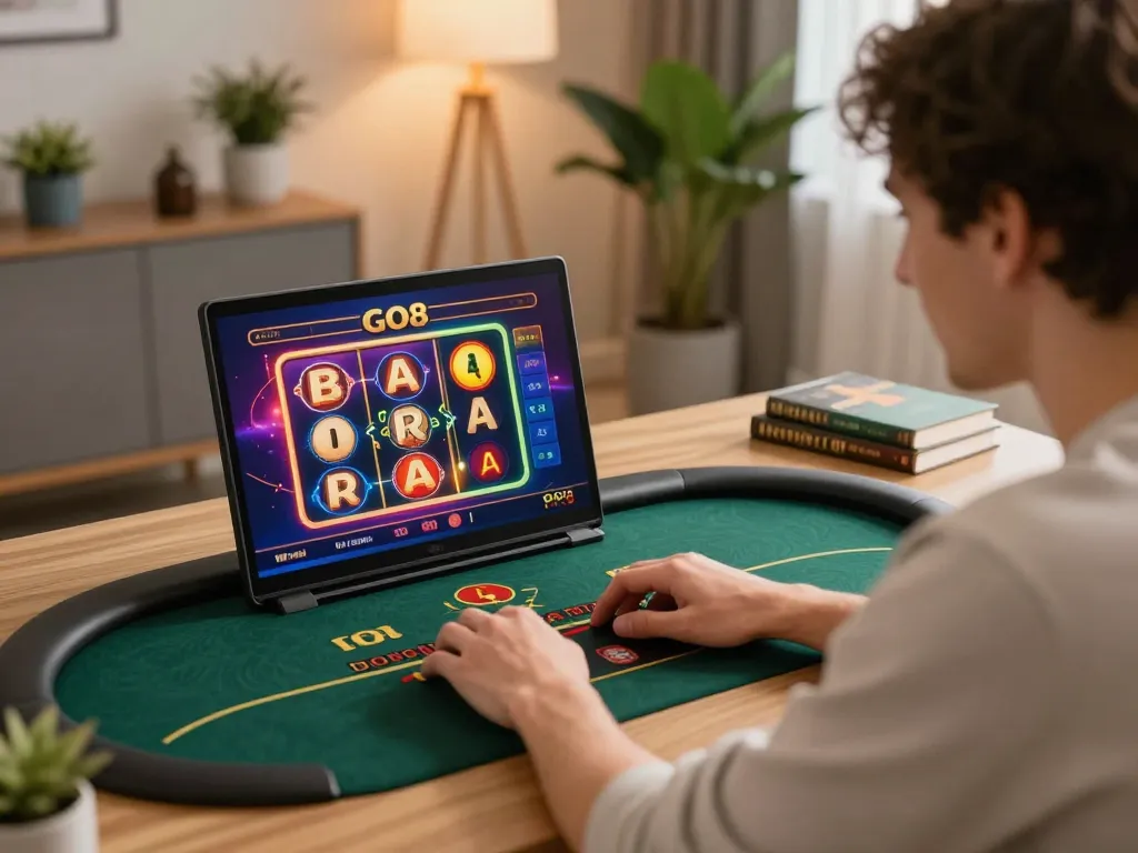 Engaged player enjoying GO8 online casino gaming on a stylish laptop, capturing excitement and strategy.