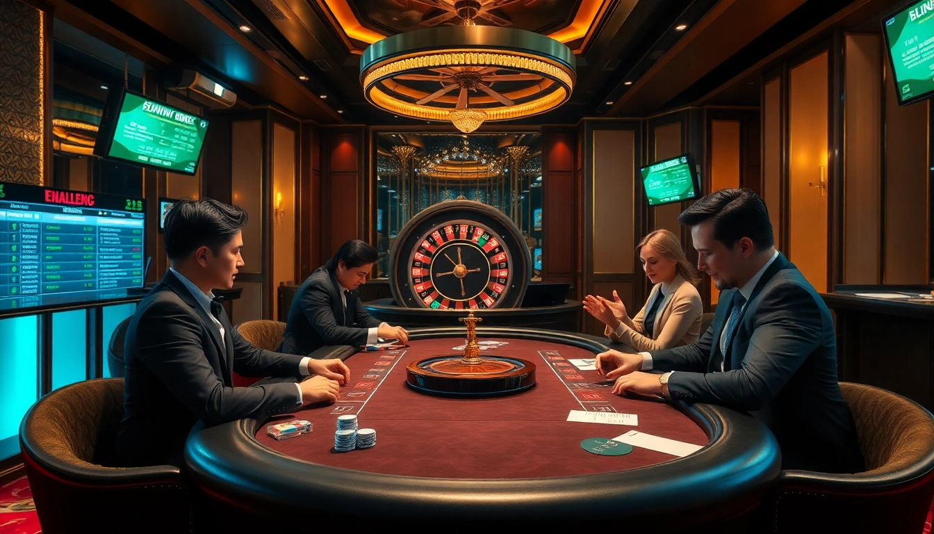 Kèo nhà cái 5 betting scene with gamblers at a poker table and a roulette wheel in a luxurious casino setting.