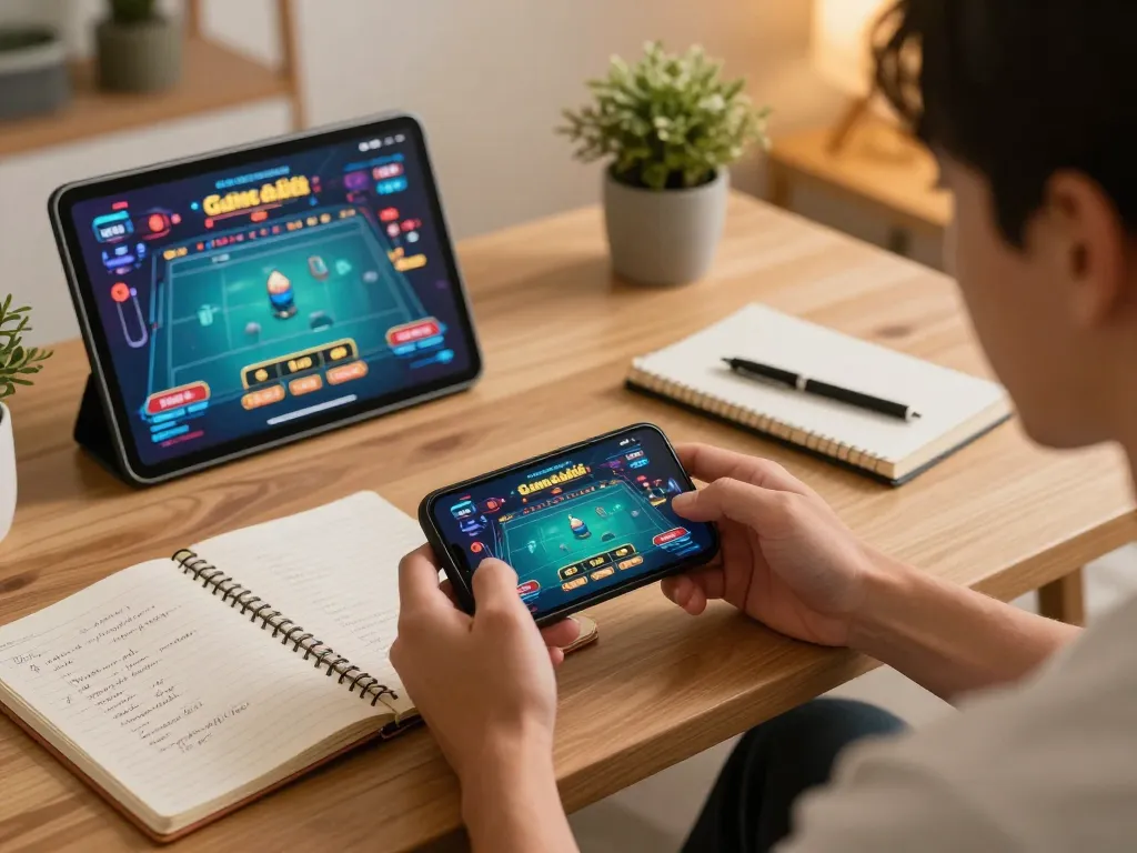 Engaging in Game bài đổi thưởng on mobile, player focusing on smartphone interface in cozy gaming setup