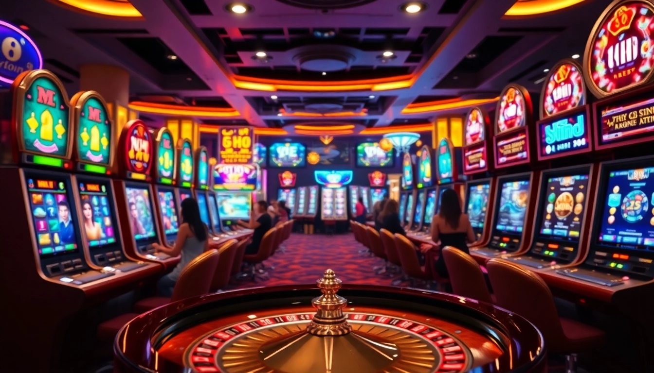 Engaging players win on Game Nổ Hũ slot machines in a luxurious casino.