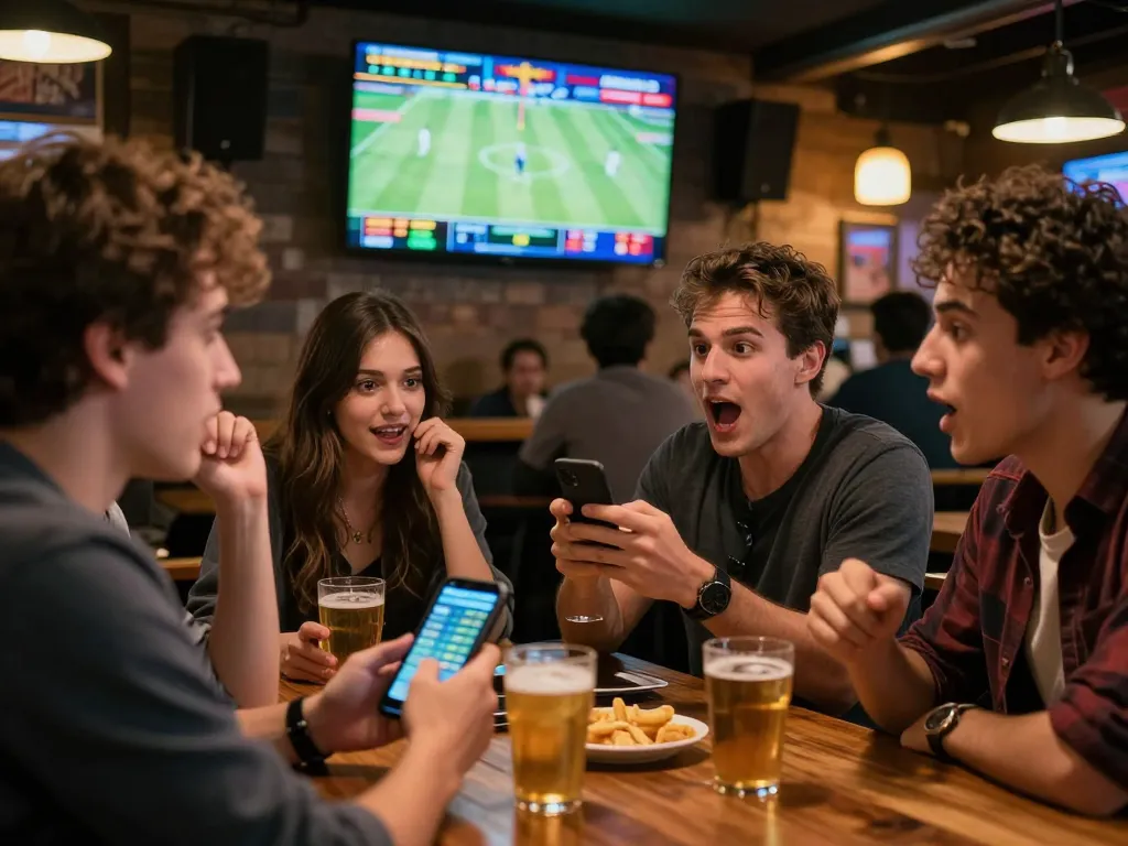 Engaging sports betting scene promoting ผลบอล with friends in an energetic sports bar.