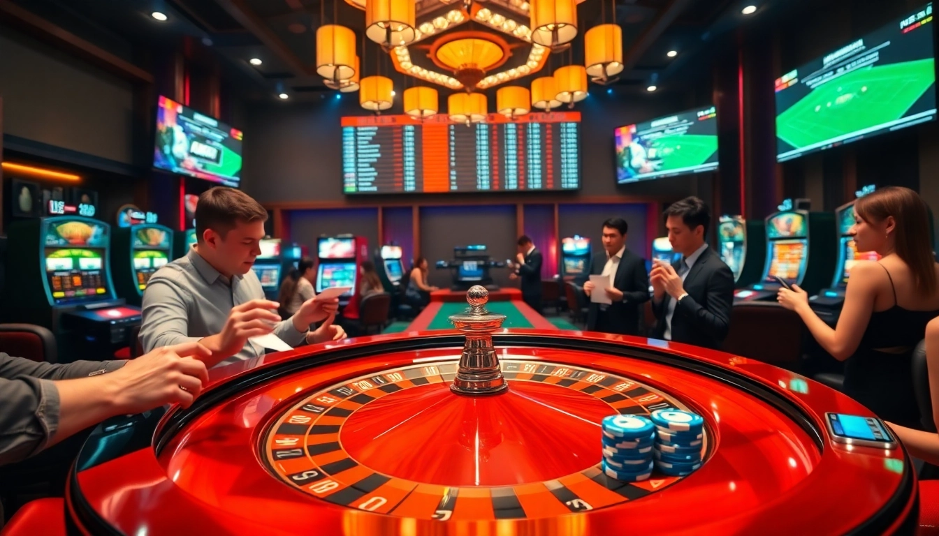 Kèo nhà cái 5 action captures thrilling casino gameplay with a roulette table and excited players.