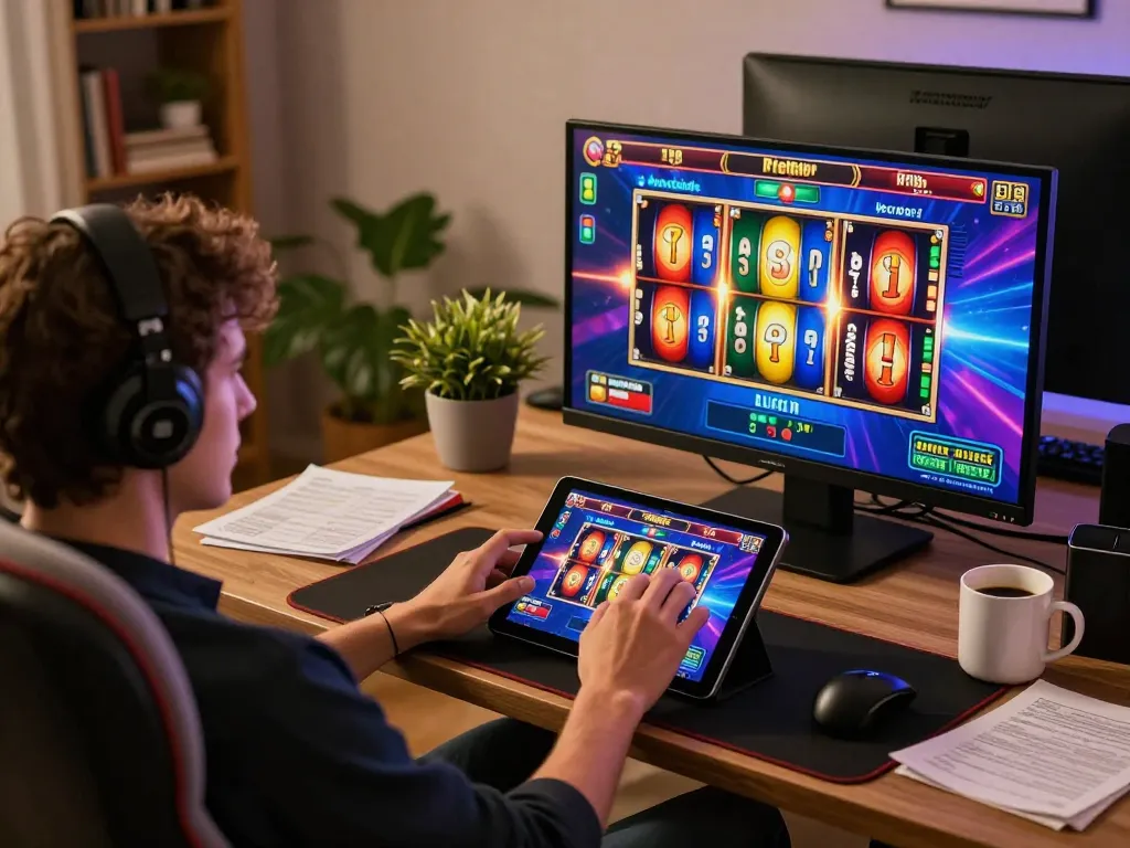 Experience the thrill of gaming with 78wintl through vibrant online slots on a cozy home setup