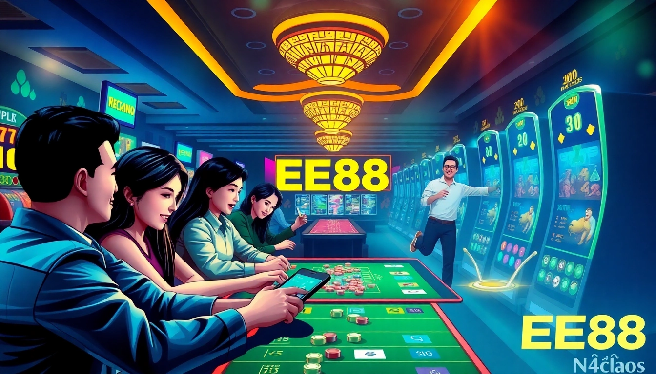 Exciting scene of players at Nhà cái EE88 enjoying various online games in a vibrant casino atmosphere.