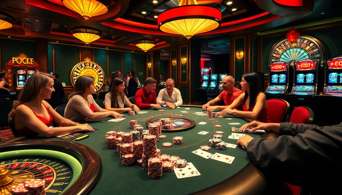 Engaging gamblers experiencing excitement at soibet ไทย casino with poker table and vibrant visuals.