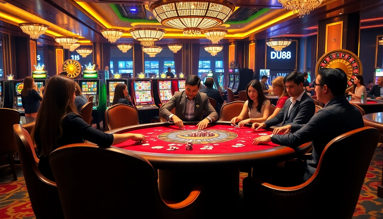 Experience the thrills of online gambling at https://du88.sbs/ with a vibrant casino scene featuring poker tables and slot machines.