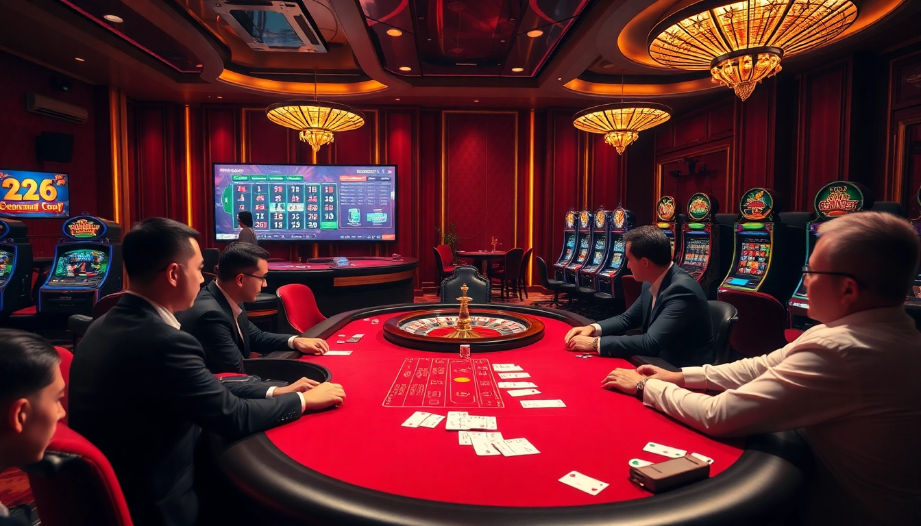 Professional gamblers enjoying a high-stakes game at NK88top.com casino, showcasing excitement and luxury.