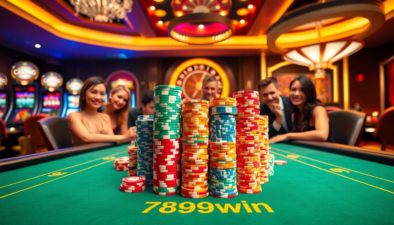 Players enjoying poker at 789win casino, surrounded by vibrant chips and slot machines.