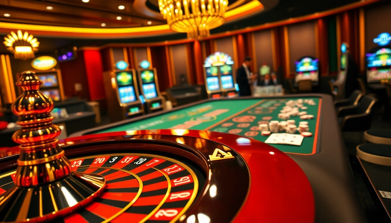 Engaged gamblers playing at the luxurious OKFUN casino table, surrounded by chips and cards.
