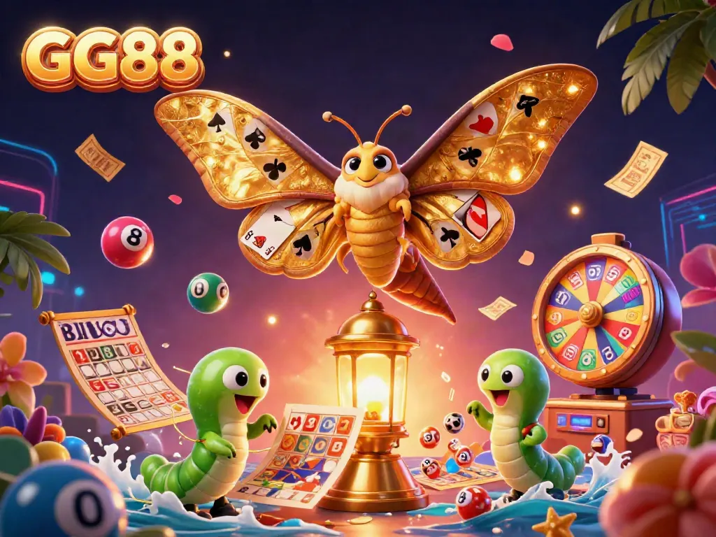Win big at GG88 with a dynamic illustration featuring vibrant casino elements and a magical moth.